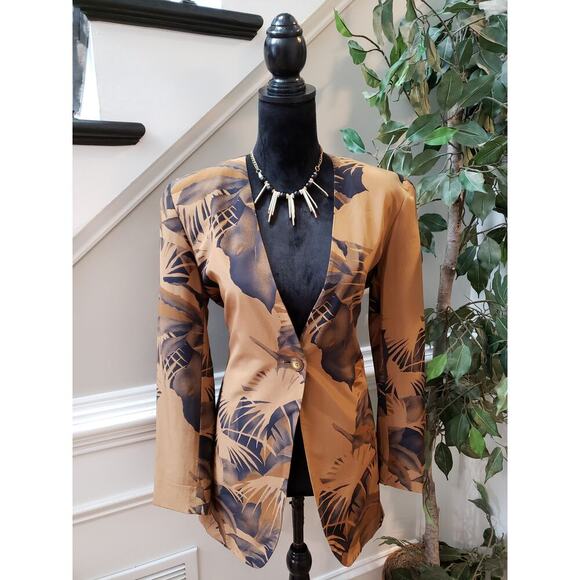 Jones New York Blazer Women Size 4 Brown Palm Print Silk One Button Jacket - Picture 1 of 13